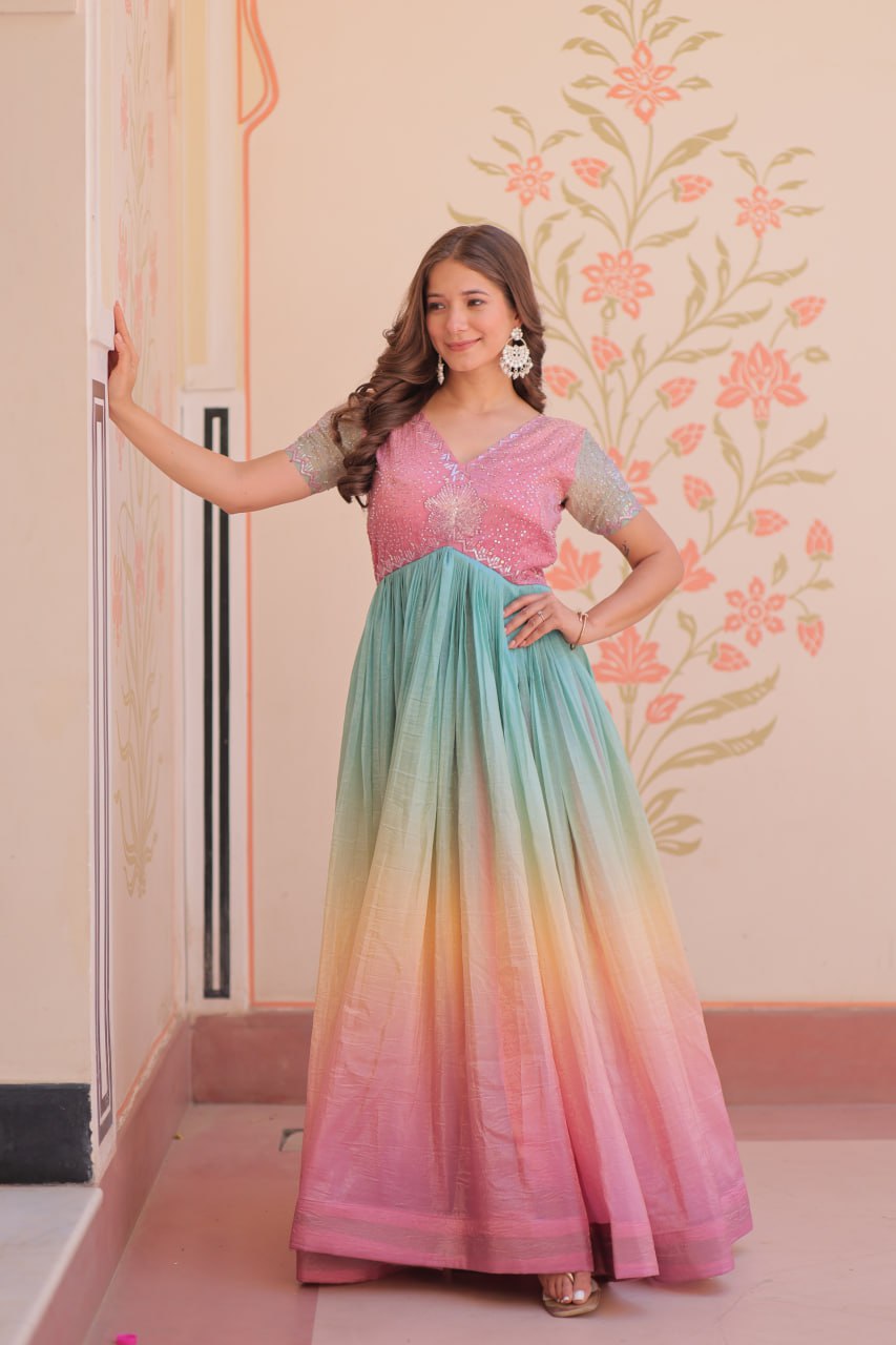 Women's Dual-Tone Ombre Gown in Candy Pink & Aqua Green with Embroidered Bodice – Festive & Contemporary Wear - Image 6