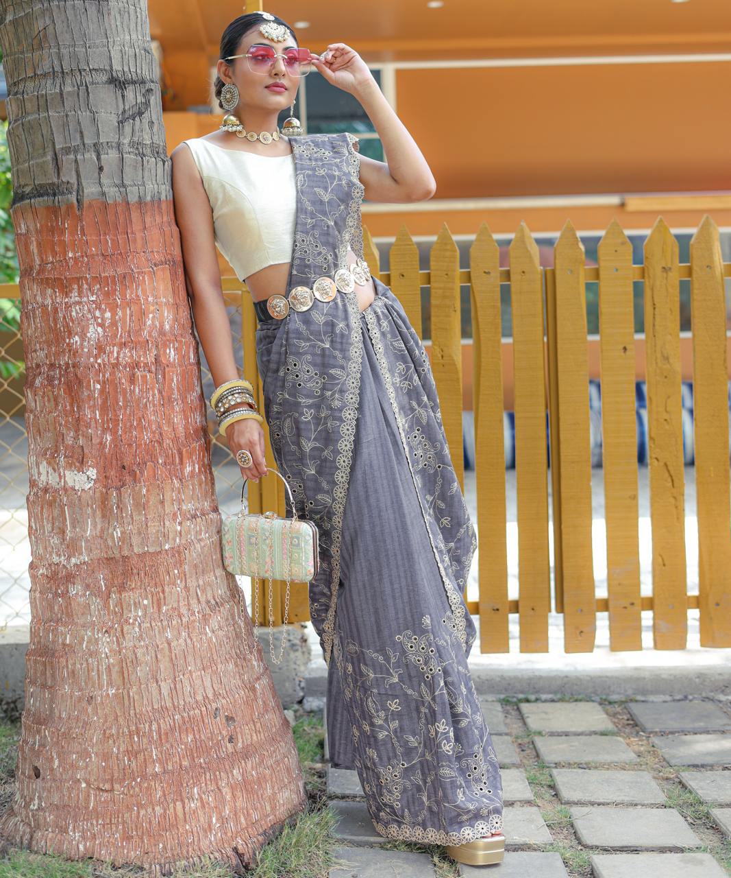 Women's Royal Prussian Blue Georgette Saree with Intricate Silver Thread & Mirror Work Embroidery – Perfect for Festive & Wedding Celebrations - Image 15
