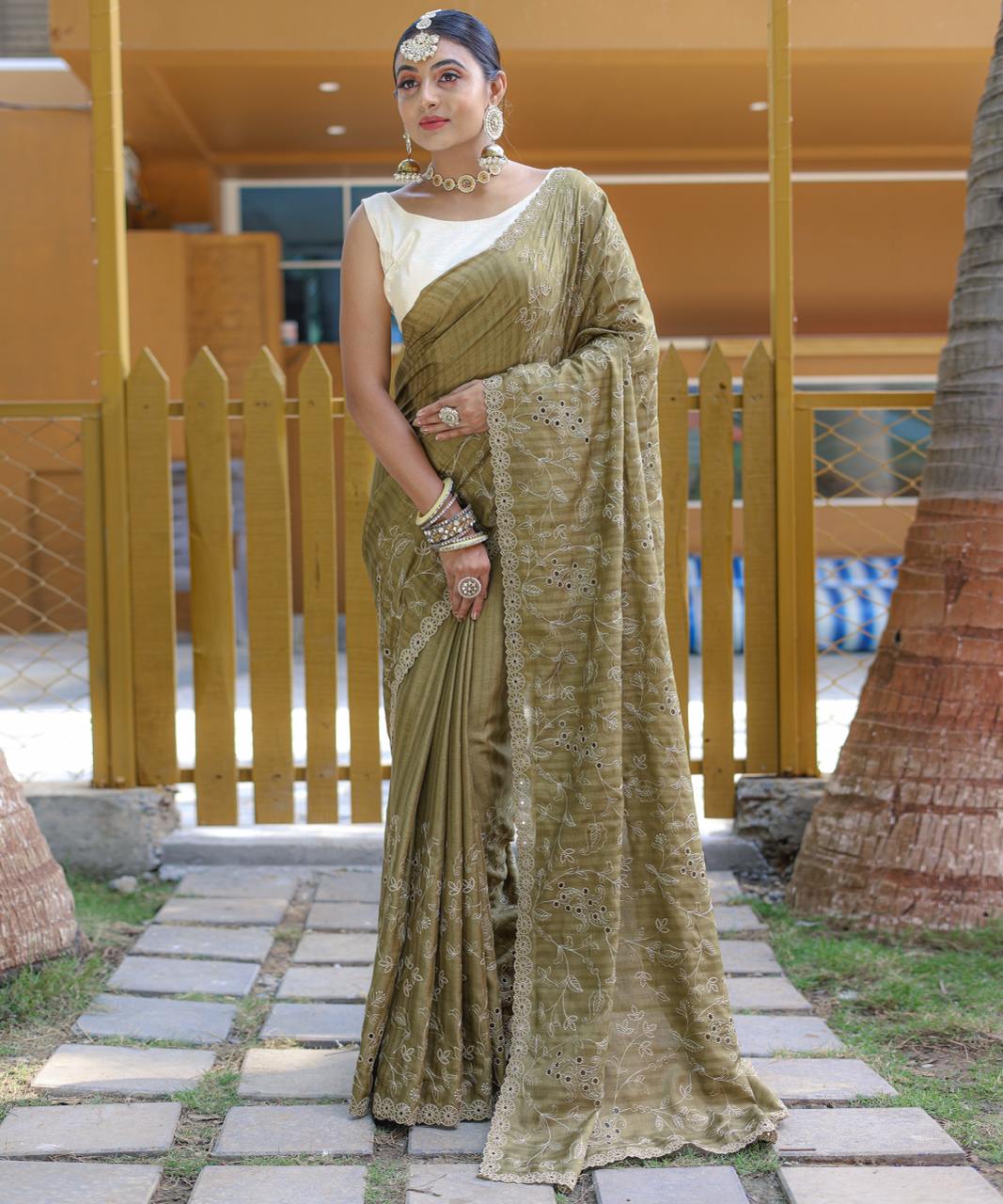Women's Royal Prussian Blue Georgette Saree with Intricate Silver Thread & Mirror Work Embroidery – Perfect for Festive & Wedding Celebrations - Image 11